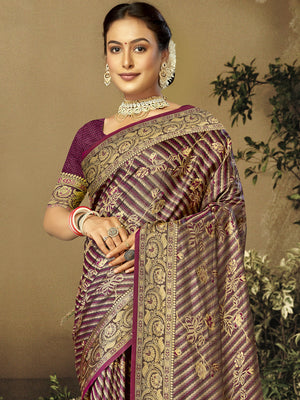 Women Wine Satin Silk Saree With Un Stitched Blouse | NOZ2TOZ - Made In INDIA.