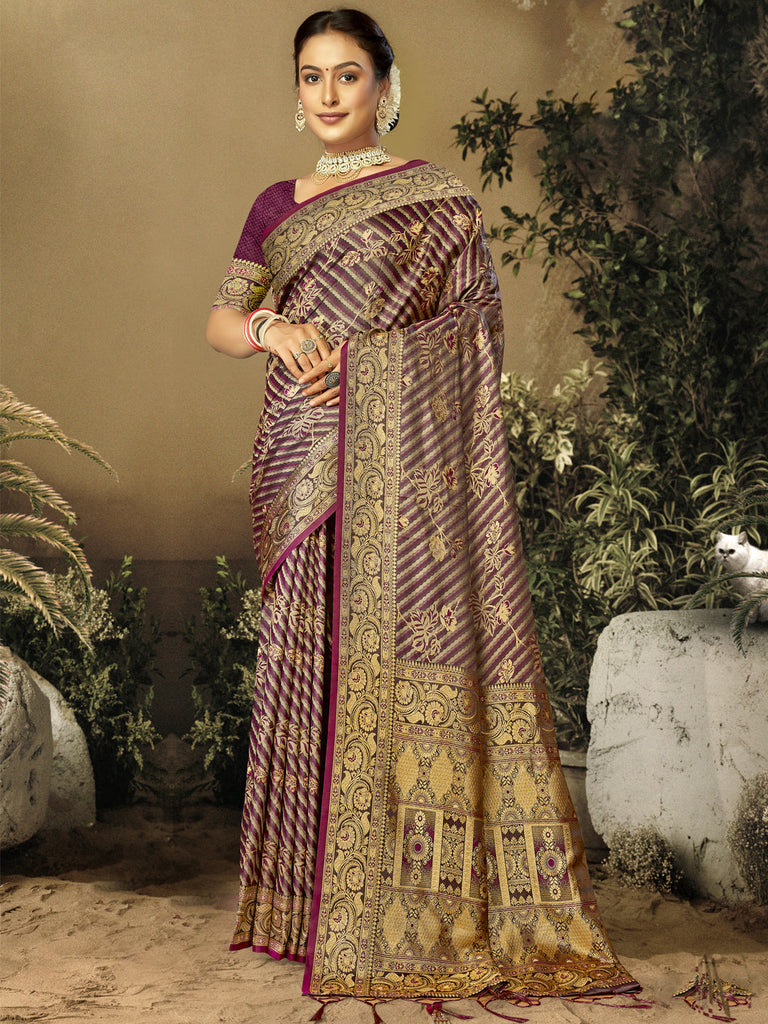 Women Wine Satin Silk Saree With Un Stitched Blouse | NOZ2TOZ - Made In INDIA.