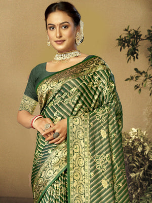 Women Green Satin Silk Saree With Un Stitched Blouse | NOZ2TOZ - Made In INDIA.