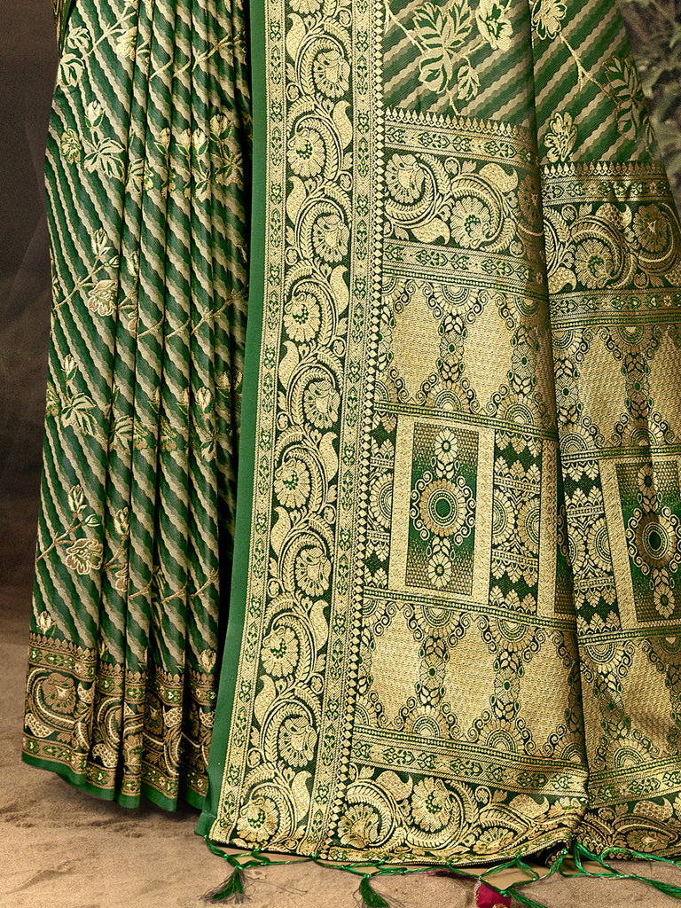 Women Green Satin Silk Saree With Un Stitched Blouse | NOZ2TOZ - Made In INDIA.