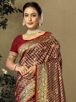 Women Maroon Satin Silk Saree With Un Stitched Blouse | NOZ2TOZ - Made In INDIA.