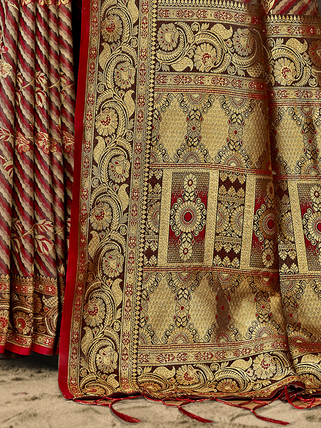 Women Maroon Satin Silk Saree With Un Stitched Blouse | NOZ2TOZ - Made In INDIA.