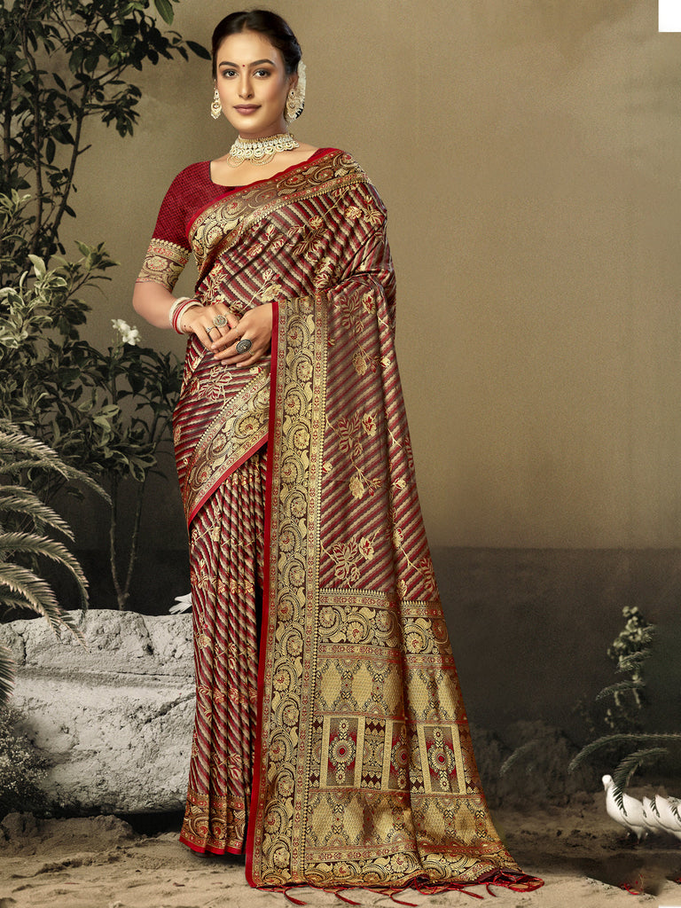 Women Maroon Satin Silk Saree With Un Stitched Blouse | NOZ2TOZ - Made In INDIA.