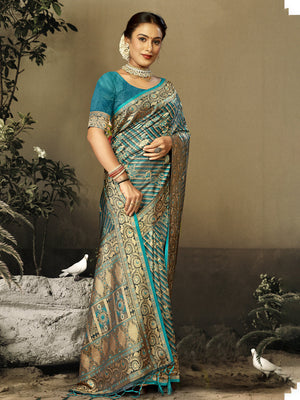 Women Sky Blue Satin Silk Saree With Un Stitched Blouse | NOZ2TOZ - Made In INDIA.