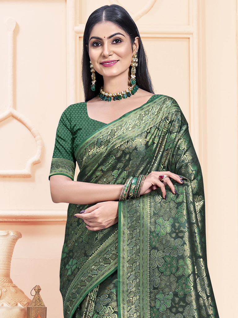Women Green Satin Silk Saree With Un Stitched Blouse | NOZ2TOZ - Made In INDIA.