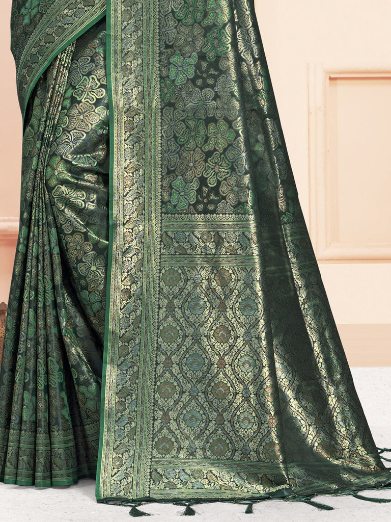 Women Green Satin Silk Saree With Un Stitched Blouse | NOZ2TOZ - Made In INDIA.