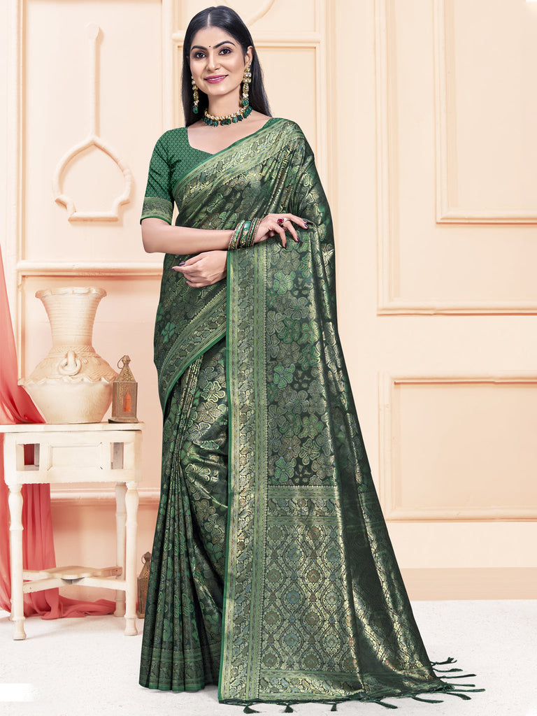Women Green Satin Silk Saree With Un Stitched Blouse | NOZ2TOZ - Made In INDIA.