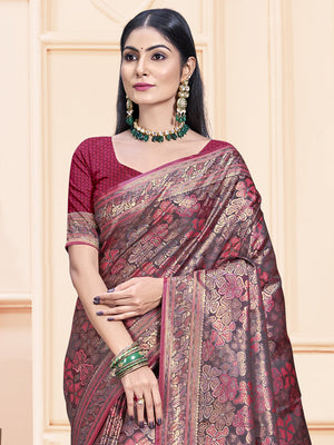 Women Magenta Satin Silk Saree With Un Stitched Blouse | NOZ2TOZ - Made In INDIA.