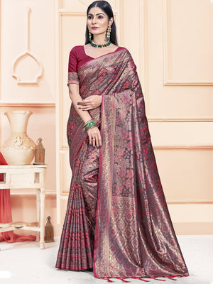 Women Magenta Satin Silk Saree With Un Stitched Blouse | NOZ2TOZ - Made In INDIA.
