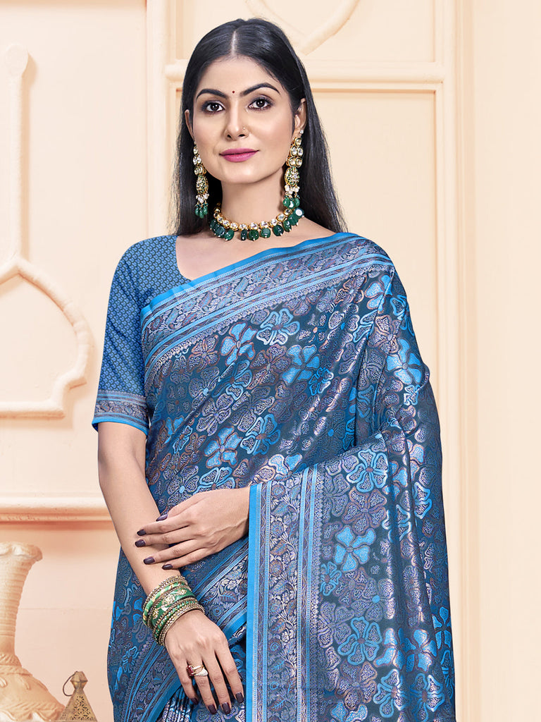 Women Blue Satin Silk Saree With Un Stitched Blouse | NOZ2TOZ - Made In INDIA.