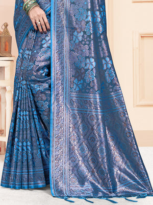 Women Blue Satin Silk Saree With Un Stitched Blouse | NOZ2TOZ - Made In INDIA.
