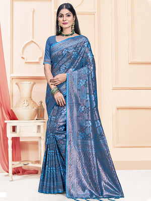 Women Blue Satin Silk Saree With Un Stitched Blouse | NOZ2TOZ - Made In INDIA.