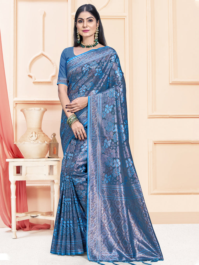 Women Blue Satin Silk Saree With Un Stitched Blouse | NOZ2TOZ - Made In INDIA.