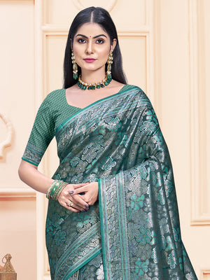 Women Rama Satin Silk Saree With Un Stitched Blouse | NOZ2TOZ - Made In INDIA.