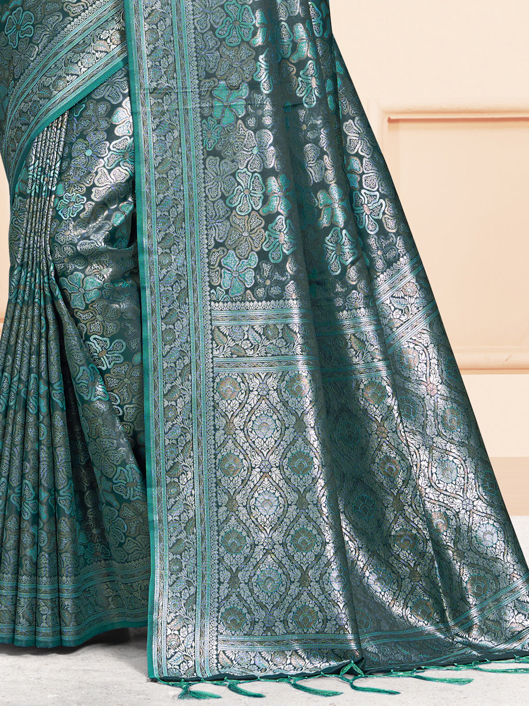 Women Rama Satin Silk Saree With Un Stitched Blouse | NOZ2TOZ - Made In INDIA.