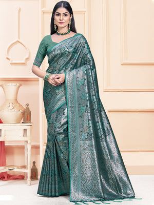 Women Rama Satin Silk Saree With Un Stitched Blouse | NOZ2TOZ - Made In INDIA.