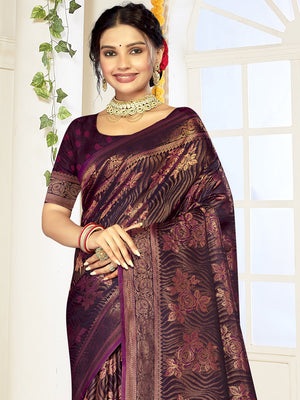 Women Wine Satin Silk Saree With Un Stitched Blouse | NOZ2TOZ - Made In INDIA.