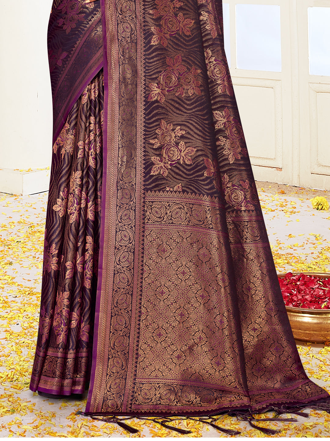 Women Wine Satin Silk Saree With Un Stitched Blouse | NOZ2TOZ - Made In INDIA.