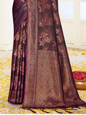 Women Wine Satin Silk Saree With Un Stitched Blouse | NOZ2TOZ - Made In INDIA.