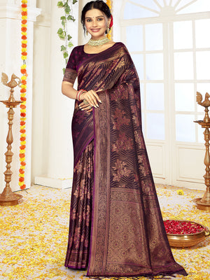 Women Wine Satin Silk Saree With Un Stitched Blouse | NOZ2TOZ - Made In INDIA.