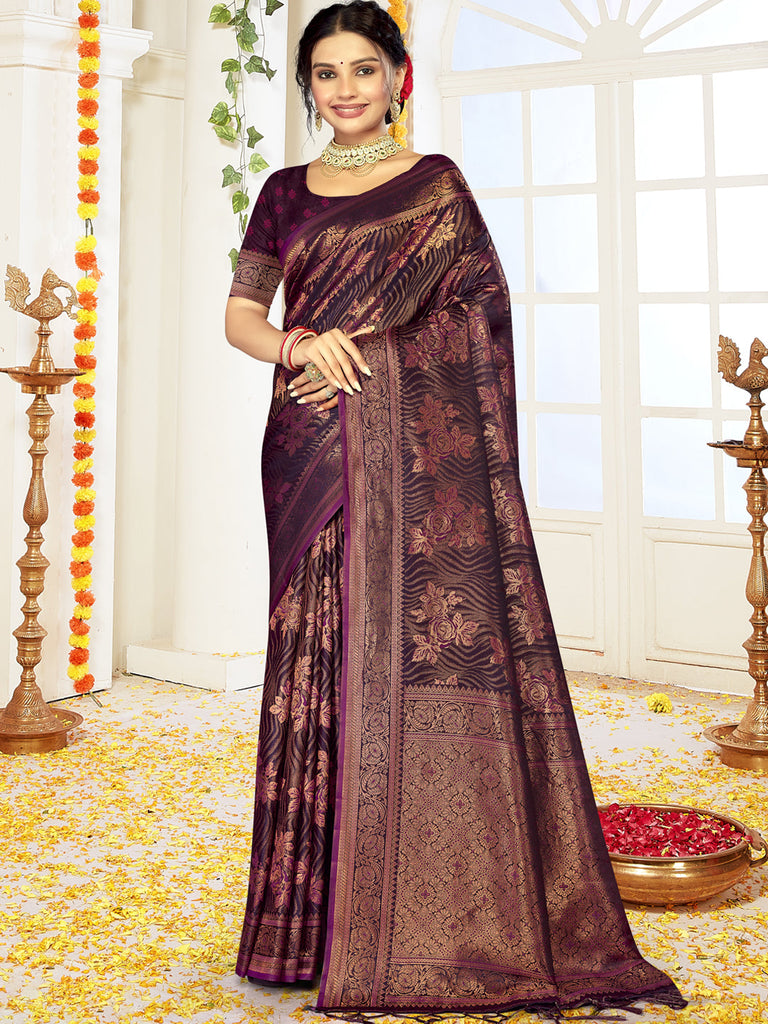 Women Wine Satin Silk Saree With Un Stitched Blouse | NOZ2TOZ - Made In INDIA.