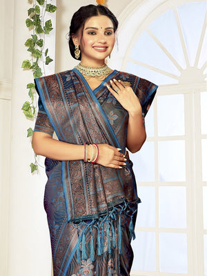 Women Blue Satin Silk Saree With Un Stitched Blouse | NOZ2TOZ - Made In INDIA.
