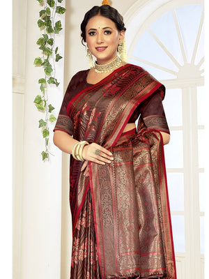 Women Maroon Satin Silk Saree With Un Stitched Blouse | NOZ2TOZ - Made In INDIA.