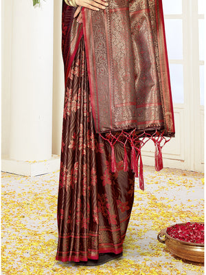 Women Maroon Satin Silk Saree With Un Stitched Blouse | NOZ2TOZ - Made In INDIA.
