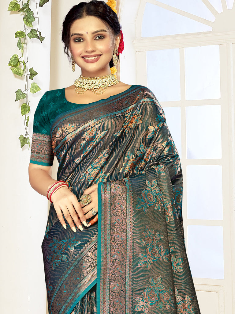 Women Rama Satin Silk Saree With Un Stitched Blouse | NOZ2TOZ - Made In INDIA.
