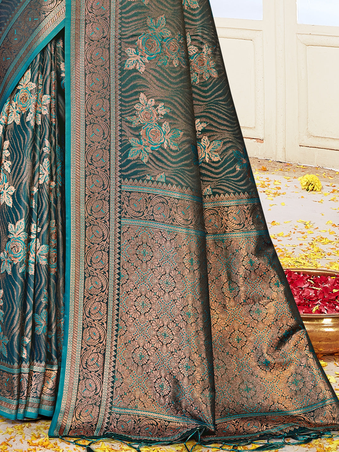 Women Rama Satin Silk Saree With Un Stitched Blouse | NOZ2TOZ - Made In INDIA.