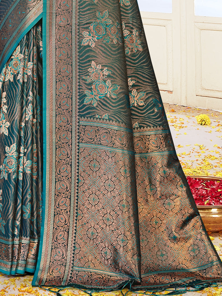 Women Rama Satin Silk Saree With Un Stitched Blouse | NOZ2TOZ - Made In INDIA.