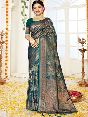 Women Rama Satin Silk Saree With Un Stitched Blouse | NOZ2TOZ - Made In INDIA.