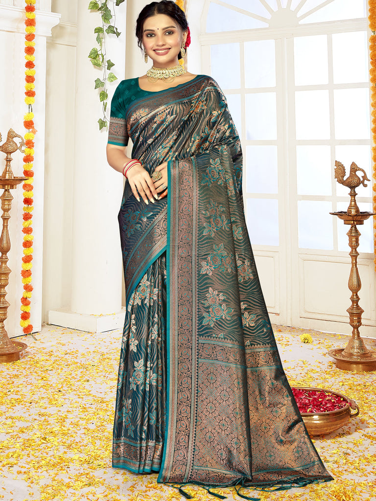 Women Rama Satin Silk Saree With Un Stitched Blouse | NOZ2TOZ - Made In INDIA.