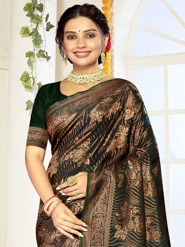 Women Green Satin Silk Saree With Un Stitched Blouse | NOZ2TOZ - Made In INDIA.