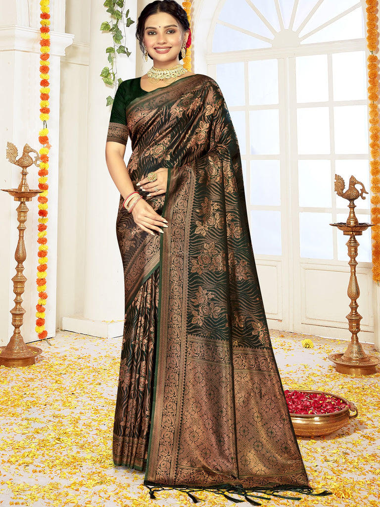 Women Green Satin Silk Saree With Un Stitched Blouse | NOZ2TOZ - Made In INDIA.