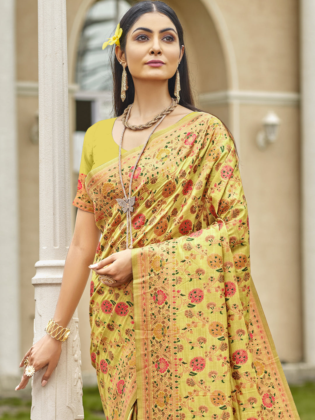 Women's Yellow Silk Saree With Un Stitched Blouse - Aanika