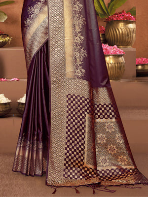 Women Purple Satin Silk Saree With Un Stitched Blouse | NOZ2TOZ - Made In INDIA.