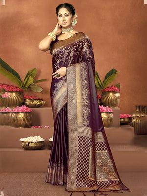 Women Purple Satin Silk Saree With Un Stitched Blouse | NOZ2TOZ - Made In INDIA.