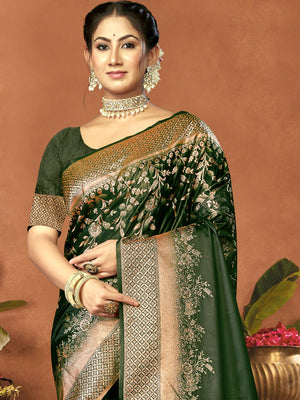 Women Green Satin Silk Saree With Un Stitched Blouse | NOZ2TOZ - Made In INDIA.
