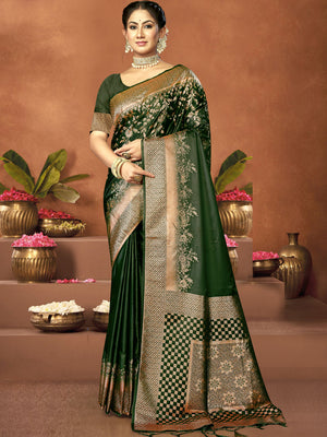 Women Green Satin Silk Saree With Un Stitched Blouse | NOZ2TOZ - Made In INDIA.