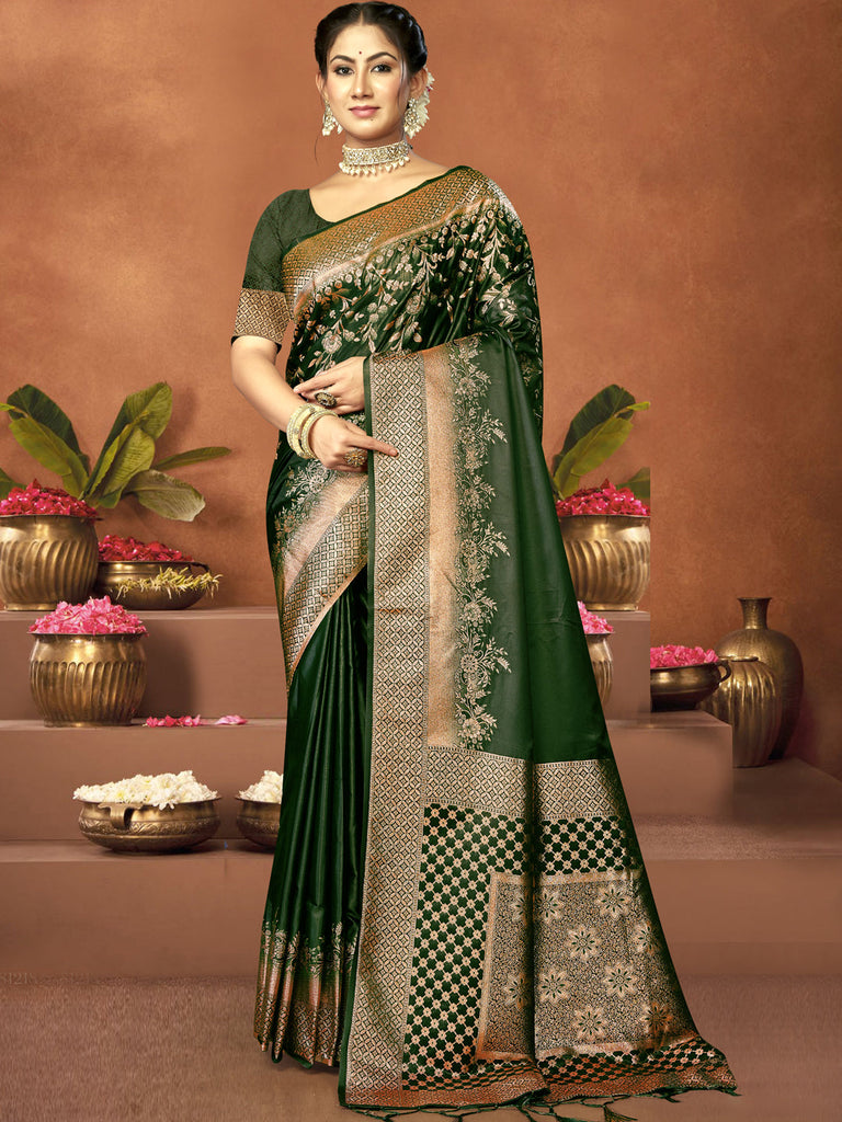 Women Green Satin Silk Saree With Un Stitched Blouse | NOZ2TOZ - Made In INDIA.