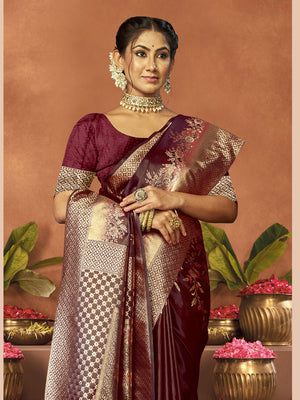 Women Wine Satin Silk Saree With Un Stitched Blouse | NOZ2TOZ - Made In INDIA.
