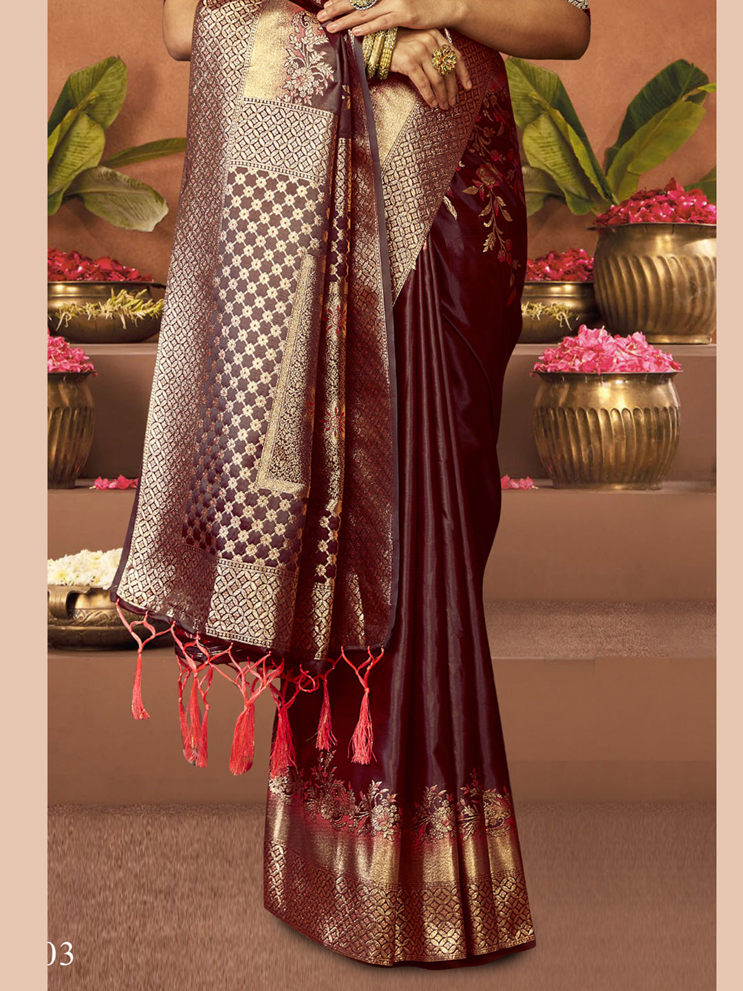Women Wine Satin Silk Saree With Un Stitched Blouse | NOZ2TOZ - Made In INDIA.