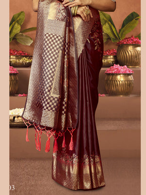 Women Wine Satin Silk Saree With Un Stitched Blouse | NOZ2TOZ - Made In INDIA.