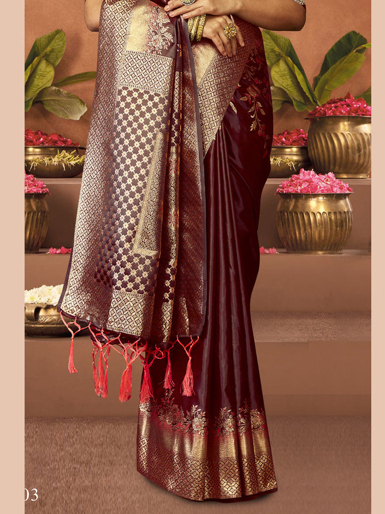 Women Wine Satin Silk Saree With Un Stitched Blouse | NOZ2TOZ - Made In INDIA.