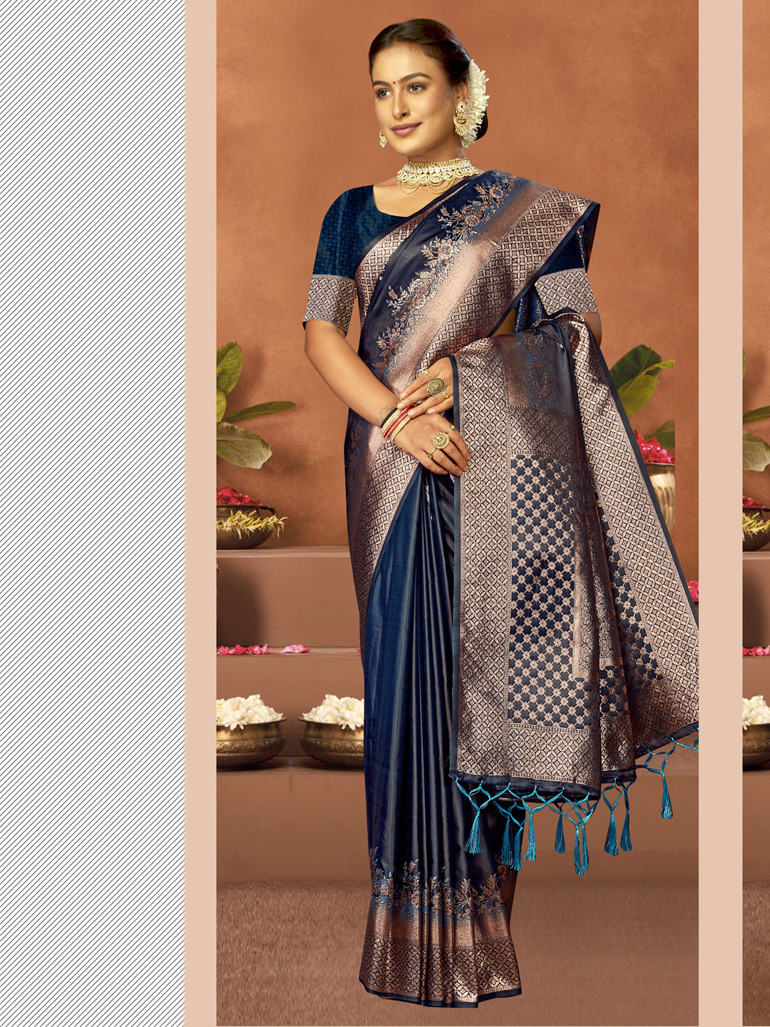 Women Blue Satin Silk Saree With Un Stitched Blouse | NOZ2TOZ - Made In INDIA.