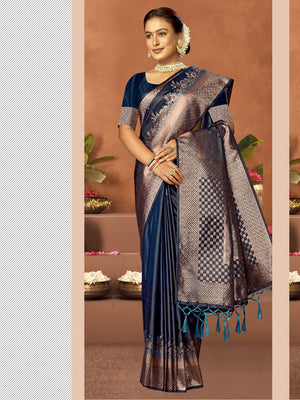 Women Blue Satin Silk Saree With Un Stitched Blouse | NOZ2TOZ - Made In INDIA.