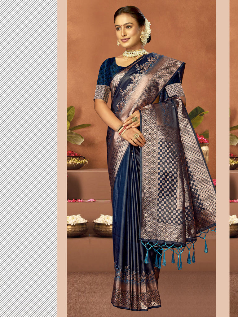 Women Blue Satin Silk Saree With Un Stitched Blouse | NOZ2TOZ - Made In INDIA.