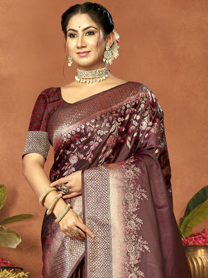 Women Brown Satin Silk Saree With Un Stitched Blouse | NOZ2TOZ - Made In INDIA.
