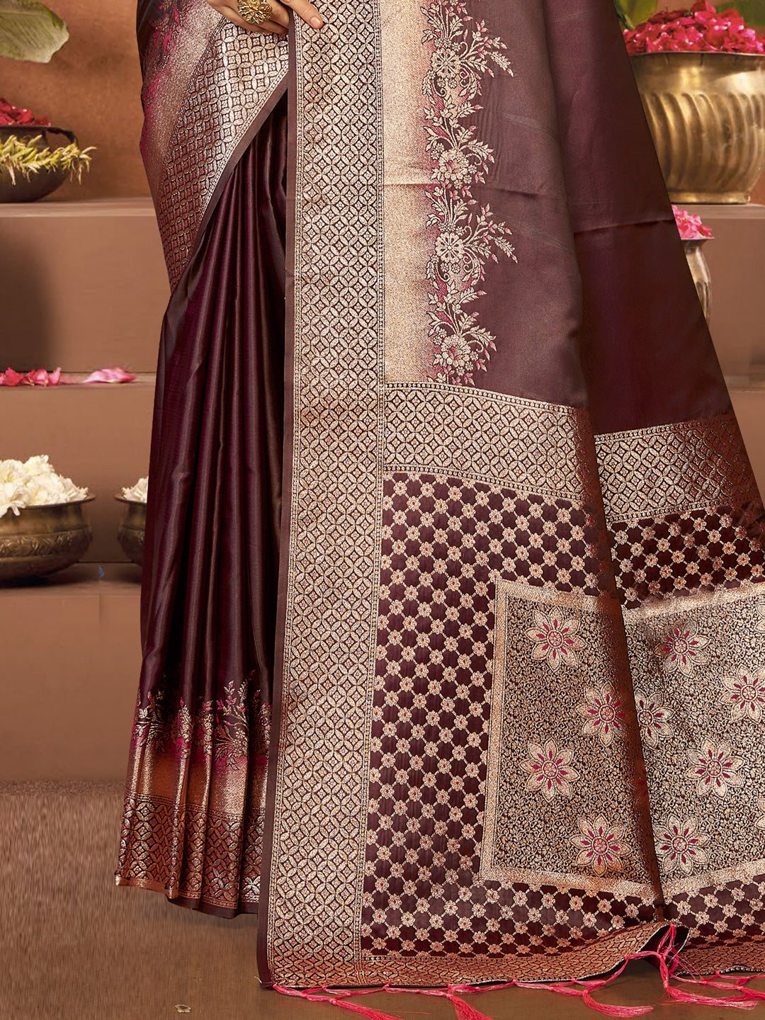 Women Brown Satin Silk Saree With Un Stitched Blouse | NOZ2TOZ - Made In INDIA.